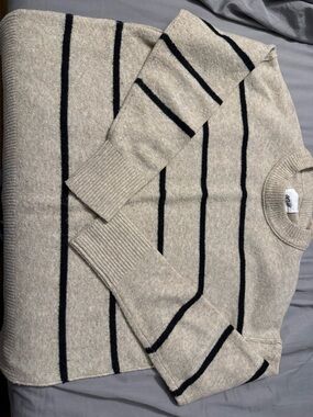 aerie Beige Crewneck Sweater with black Stripes